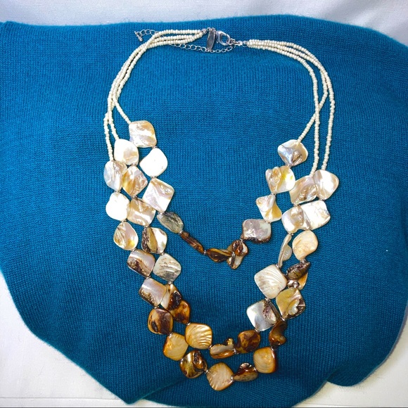 Abalone Mother of Pearl Multi Strand Layered Women’s Necklace Brown Gold Pearl - Picture 3 of 16